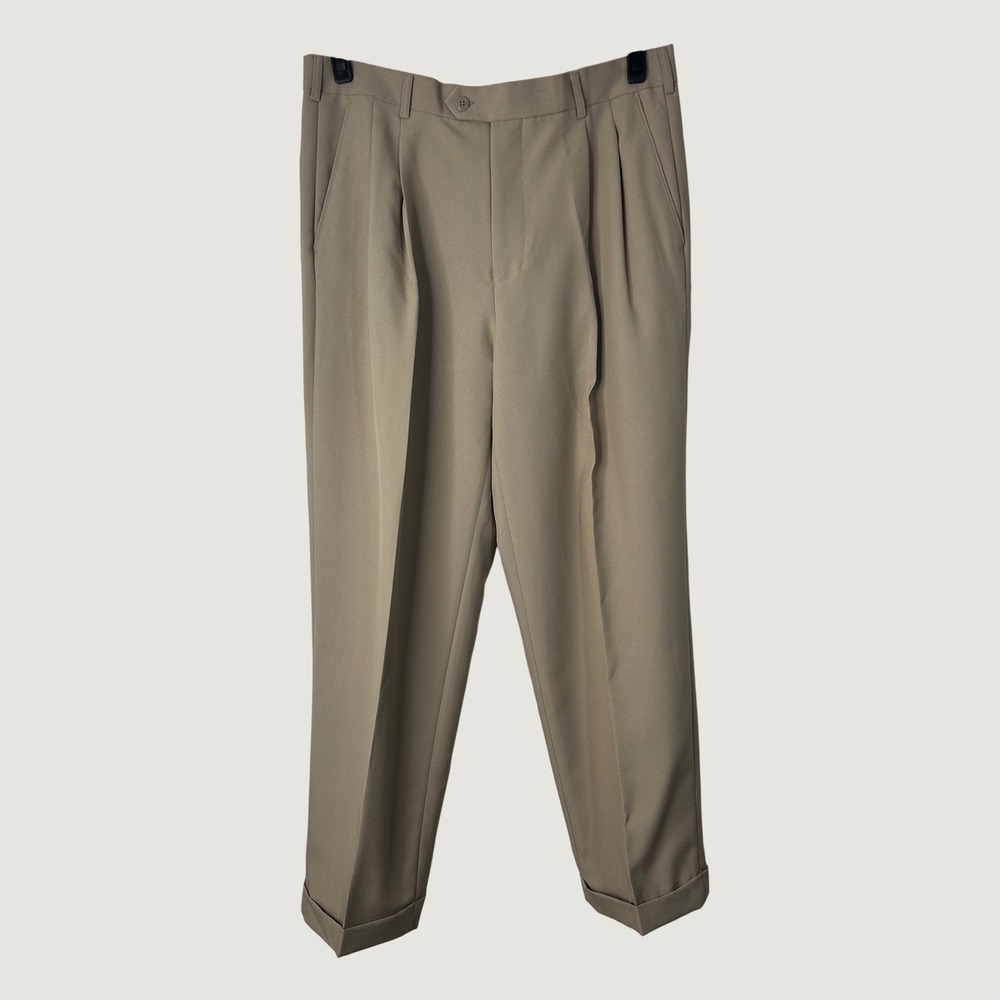 Bocaccio Uomo Dress Pants Mens 36x30 Tan Pleated Cuffed Dacron Trousers
